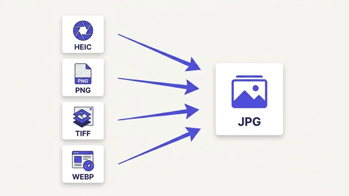 A folder of mixed HEIC, PNG and TIFF files all converting to JPG