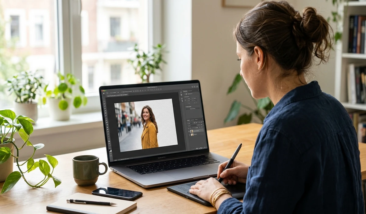 Removing and replacing a photo background in a browser, with the subject cut out onto a clean backdrop