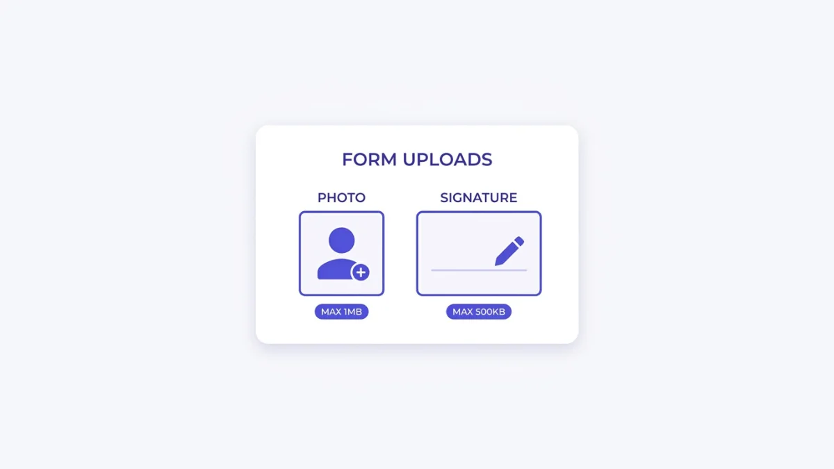 An exam application form with a photo upload field that requires under 100KB