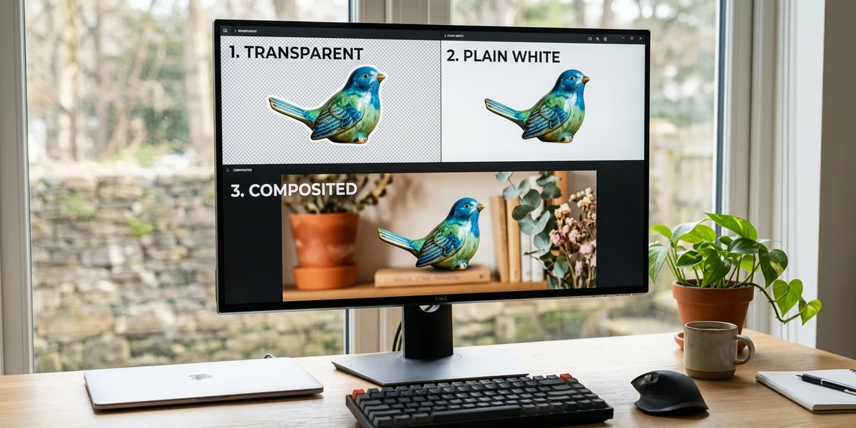 The same cut-out shown on transparent, on white, and on a new background